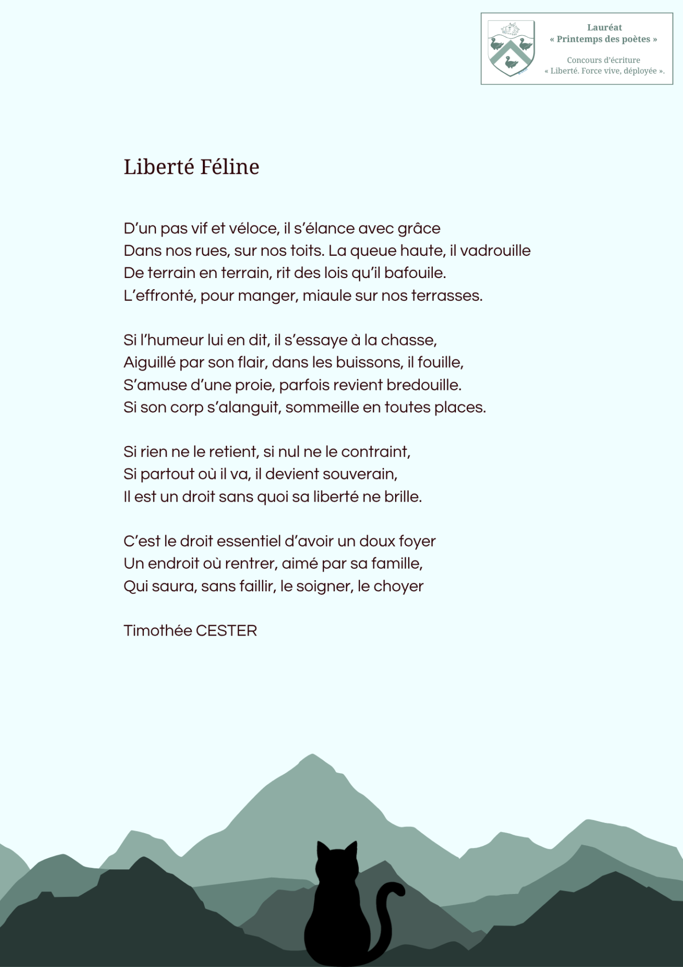 Poème d'un marollais nommé Liberté Féline - Printemps des Poètes
